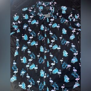 No Boundaries Tropical Flamingo Black Button Down Shirt Mens Sz Large